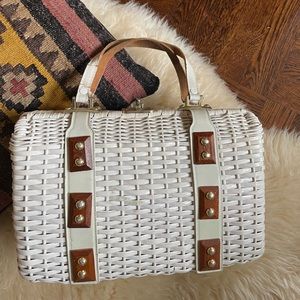 1970s vintage wicker purse handbag wooden accents leather handle